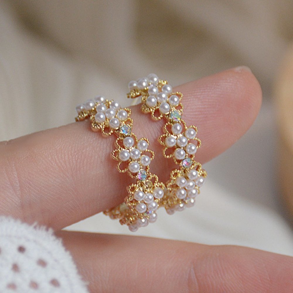 NEW 14K Gold Plated Pearl Flower Hoop Earrings - Picture 1 of 5